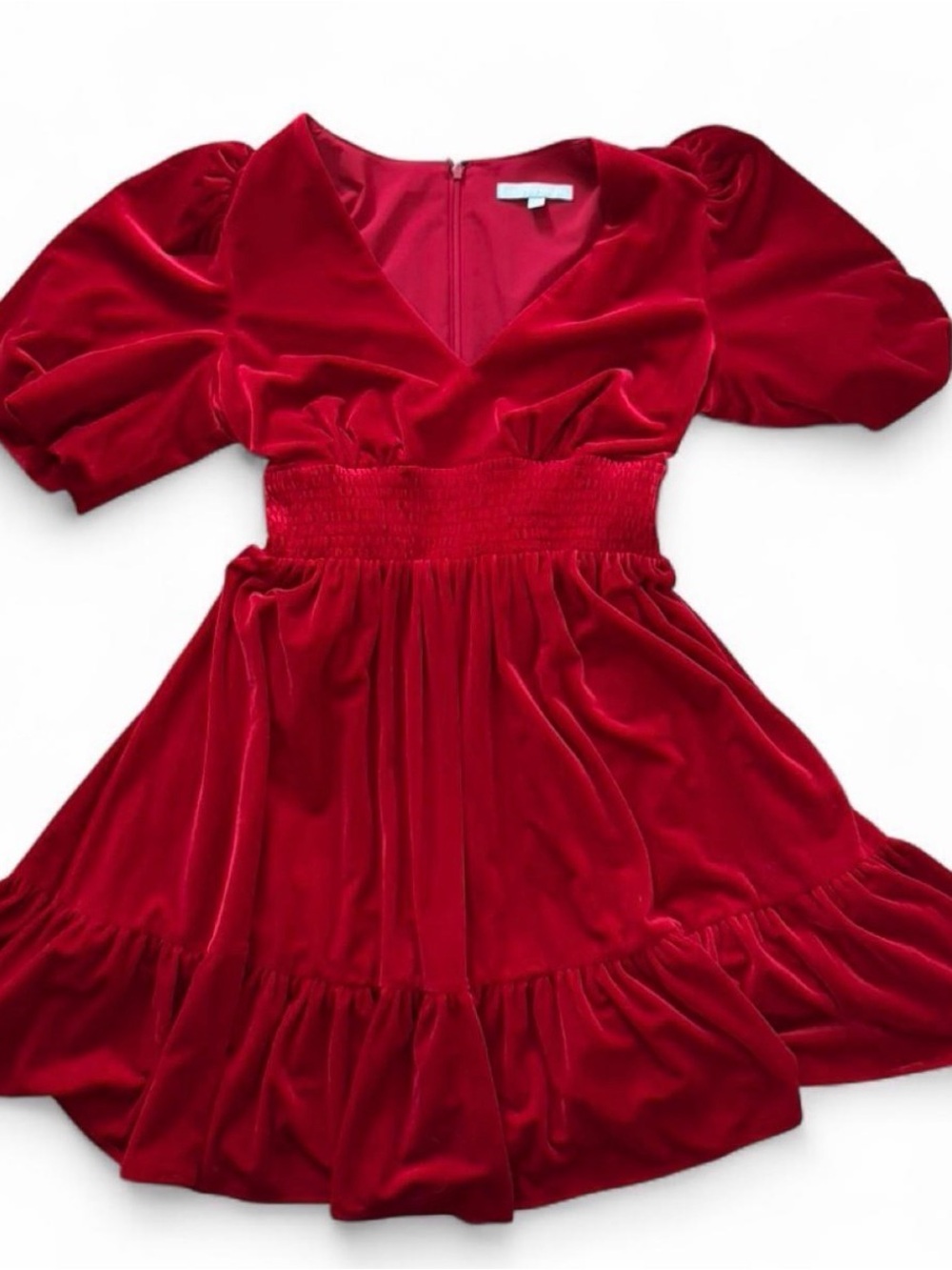“Thelma” Red Velvet Puff-Sleeve Dress